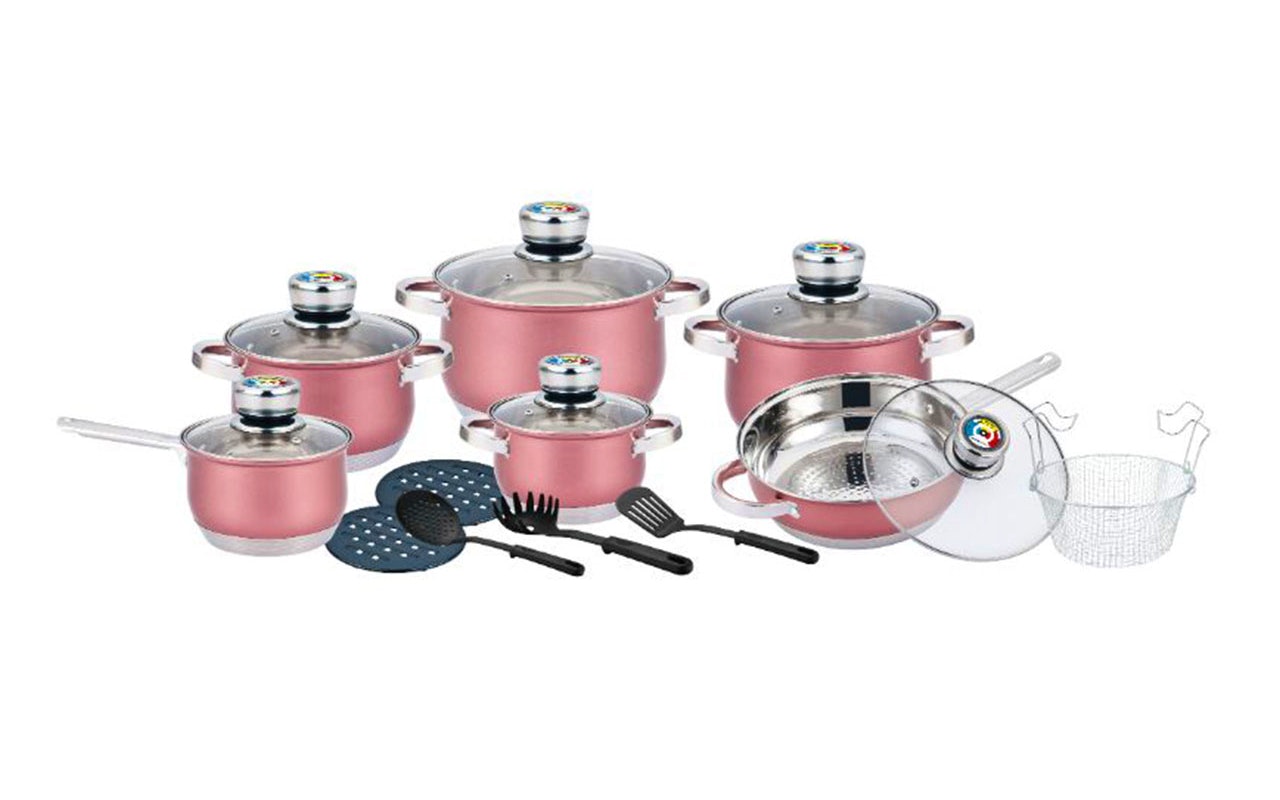 Maak de heerlijkste gerechten met de Herenthal 15-delige RVS pannenset inclusief kook accessoires verkrijgbaar in 5 kleuren!