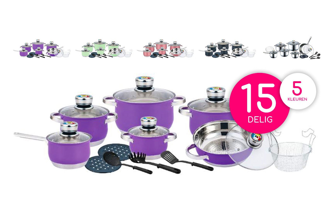 Maak de heerlijkste gerechten met de Herenthal 15-delige RVS pannenset inclusief kook accessoires verkrijgbaar in 5 kleuren!
