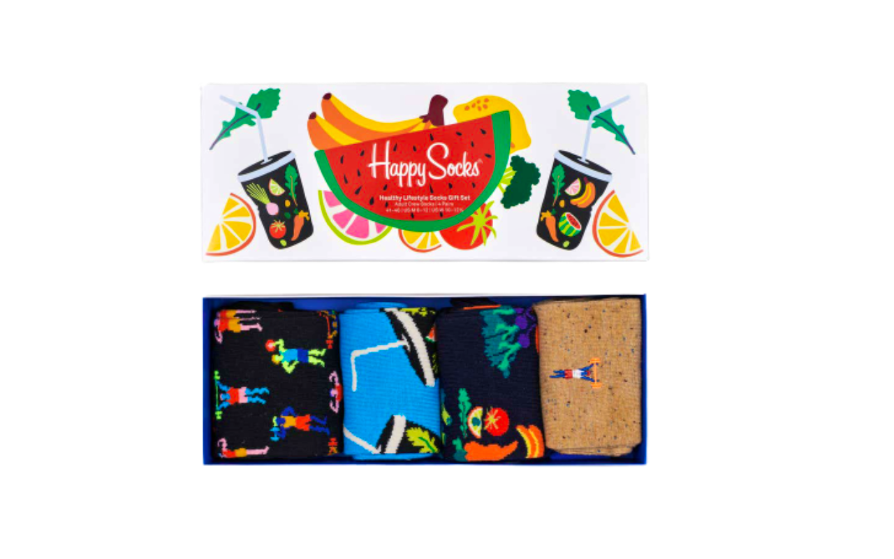 Verras jezelf of iemand anders met deze Happy Socks 4-Pack Healthy Lifestyle Socks Gift Set!