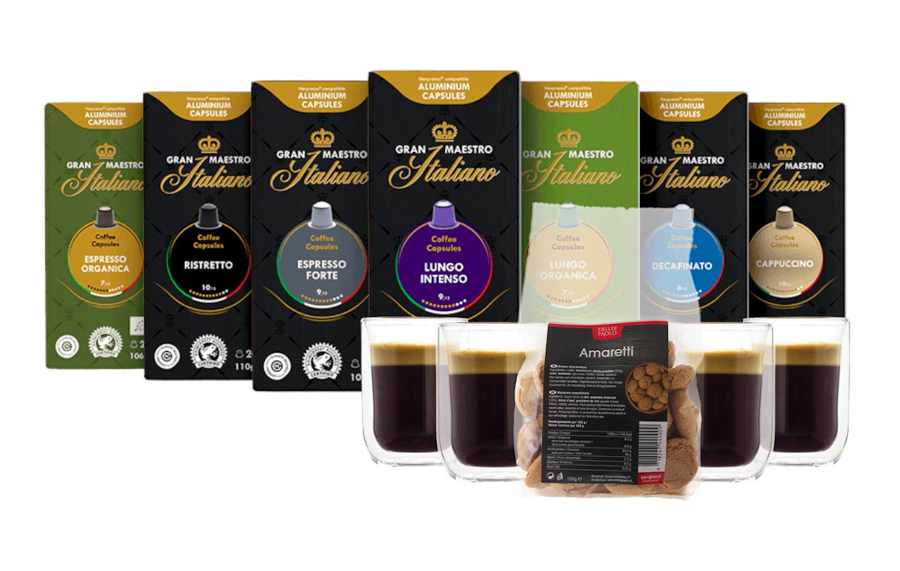 Koffiepakket Gran Maestro Italiano alu cups met zeven heerlijke smaken van Koffievoordeel!