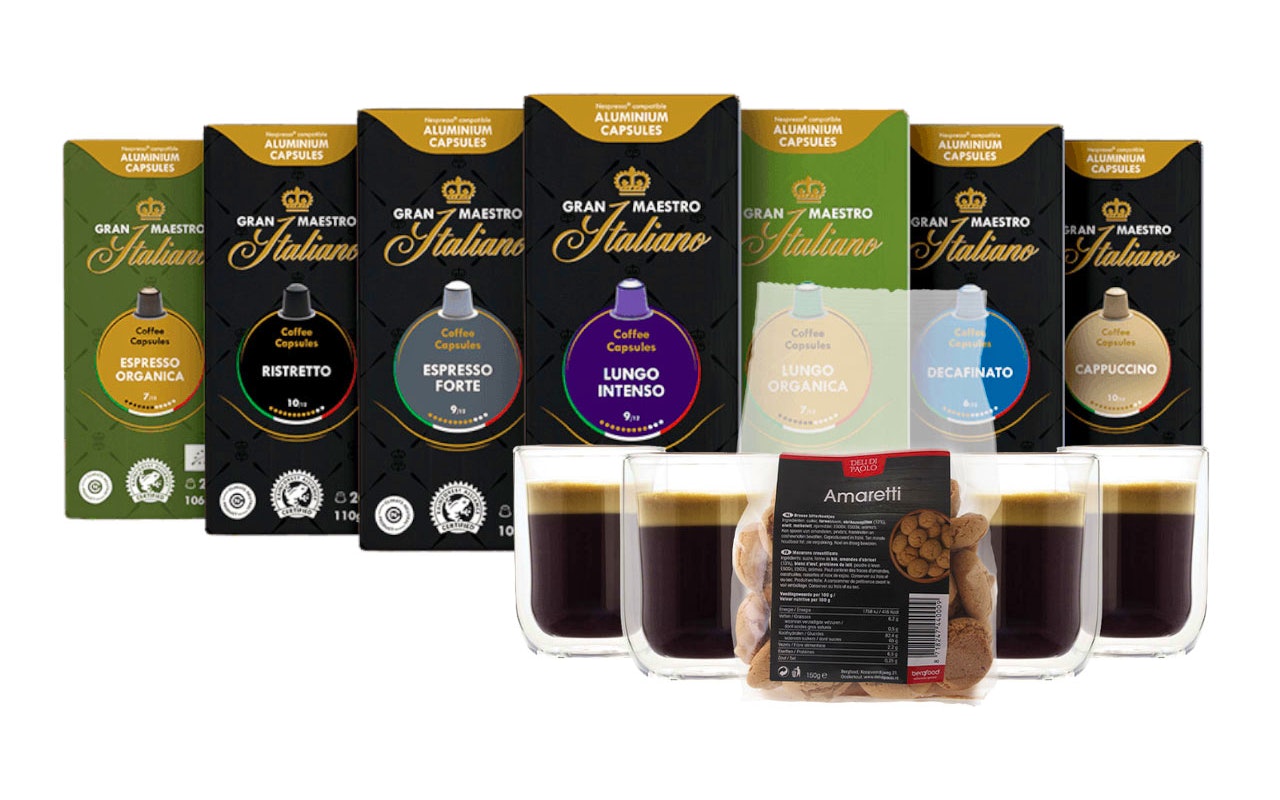 Koffiepakket Gran Maestro Italiano alu cups met zeven heerlijke smaken van Koffievoordeel!
