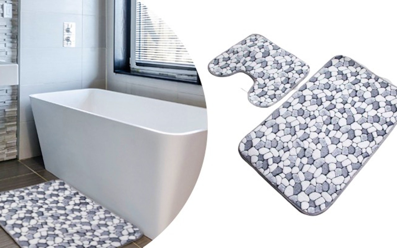 Set van een stijlvolle antislip badmat en wc-mat steenpatroon!